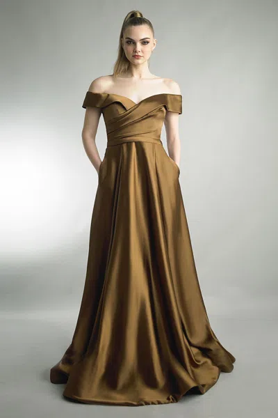 Basix Black Label Off Shoulder A-line Gown With Pockets In Brown