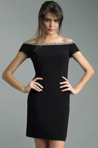 Basix Black Label Off Shoulder Cocktail Dress W Crystal Neckline