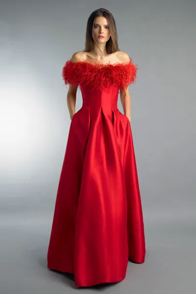 Basix Black Label Off Shoulder Feather Evening Gown With Pockets