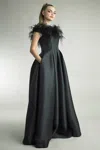 Basix Black Label Off Shoulder Feather Evening Gown With Pockets In Black