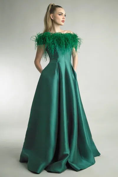 Basix Black Label Off Shoulder Feather Evening Gown With Pockets In Blue
