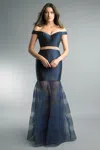 Basix Black Label Off Shoulder Gown With Nude Detail In Blue