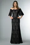 Basix Black Label Off Shoulder Lace Motif Gown In Black