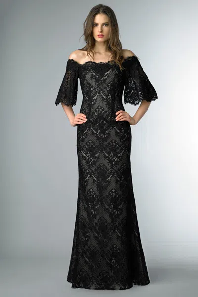 Basix Black Label Off Shoulder Lace Motif Gown In Black