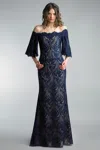 Basix Black Label Off Shoulder Lace Motif Gown In Blue