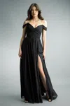 Basix Black Label Off Shoulder Multi Pleated Gown By