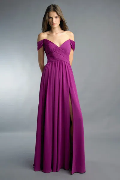 Basix Black Label Off Shoulder Multi Pleated Gown In Purple