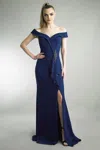 Basix Black Label Off Shoulder Slit Gown With Train In Blue