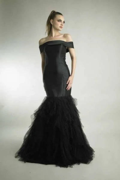 Basix Black Label Off Shoulder Tulle Flounced Gown In Black
