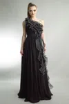 Basix Black Label One Shoulder A-line Gown With Ruffles In Black