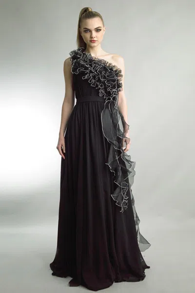 Basix Black Label One Shoulder A-line Gown With Ruffles In Black