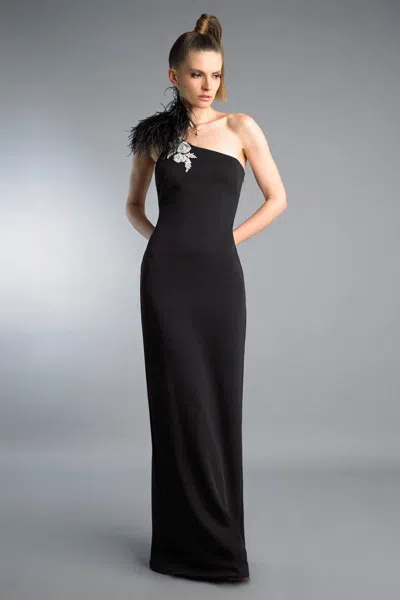 Basix Black Label One Shoulder Evening Dress With Flower In Multi
