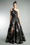Basix Black Label One Shoulder Jacquard A Line Gown In Black