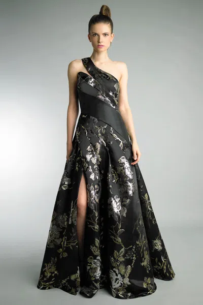 Basix Black Label One Shoulder Jacquard A Line Gown In Black