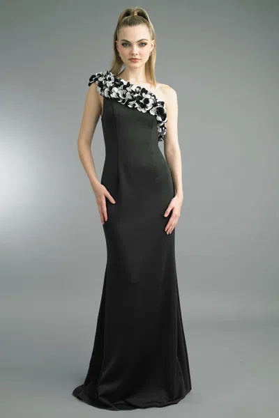 Basix Black Label One-shoulder 3d Petal Evening Gown In Black