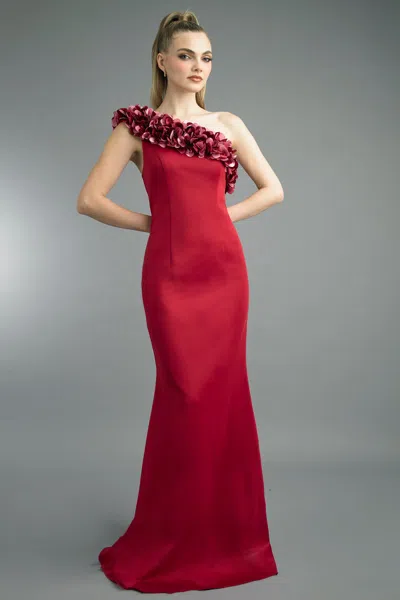 Basix Black Label One-shoulder 3d Petal Evening Gown In Red