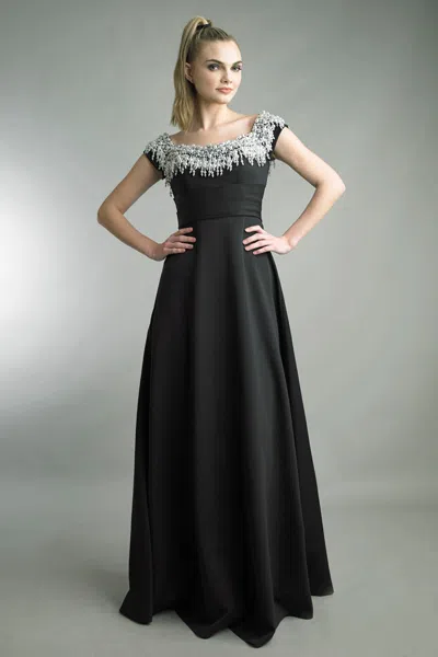 Basix Black Label Pearl Cap-sleeve Evening Gown In Black
