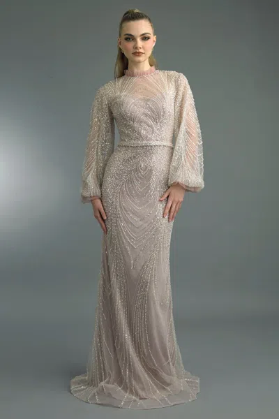 Basix Black Label Pearl-beaded Long Sleeve Column Gown In Neutral