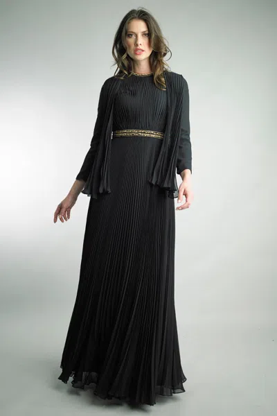 Basix Black Label Pleated Chiffon Gown With Gold Beaded Waist In Black