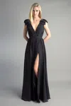 Basix Black Label Pleated Deep V Gown In Black