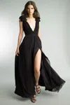 Basix Black Label Pleated Deep V Gown In Black