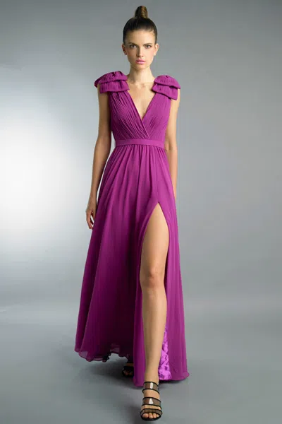 Basix Black Label Pleated Deep V Gown In Pink