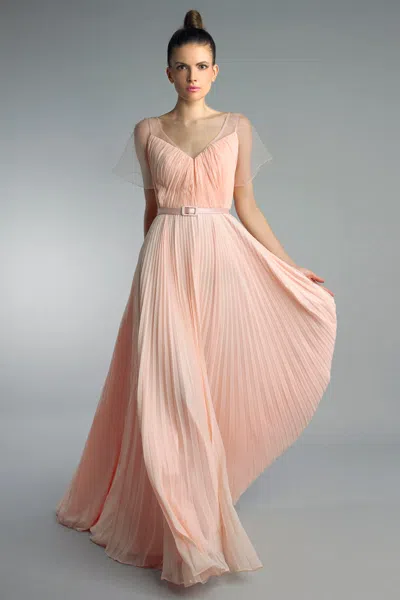 Basix Black Label Pleated Evening Dress With Sheer Capelet In Orange