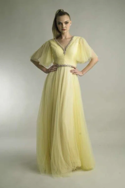 Basix Black Label Pleated Flutter Sleeve Gown In Black