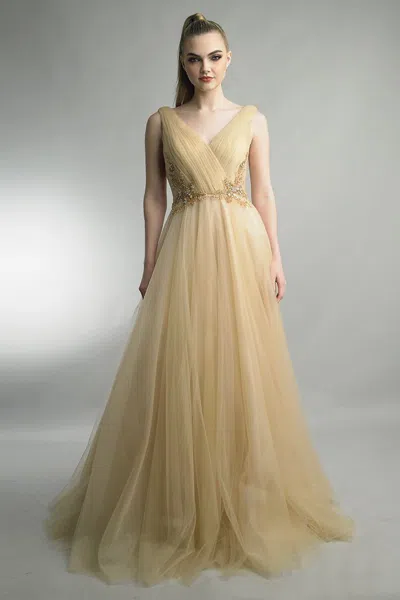 Basix Black Label Pleated Sleeveless Gown With Embellishment In Gold