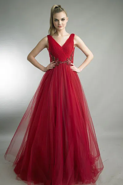 Basix Black Label Pleated Sleeveless Gown With Embellishments In Red