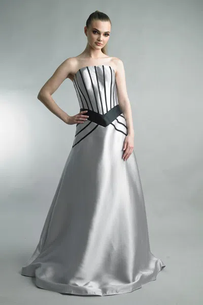 Basix Black Label Pleated Strapless Satin Gown In Silver
