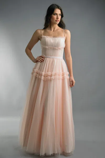 Basix Black Label Pleated Tulle Spaghetti Strap Gown In Gold
