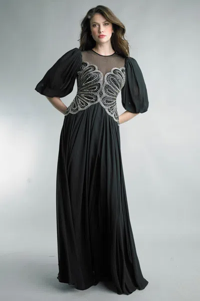 Basix Black Label Puff Sleeve Beaded Butterfly Gown In Black