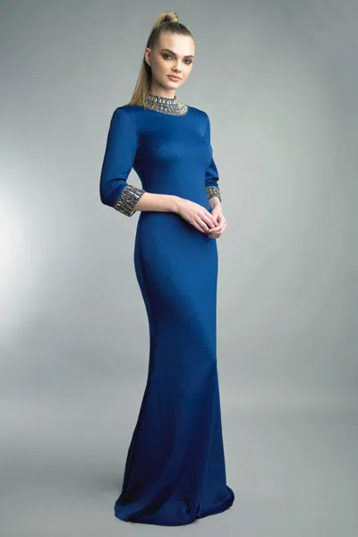 Basix Black Label Quarter Sleeve Gown With Embellishment In Blue