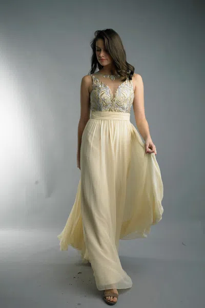 Basix Black Label Red Embroidered Illusion Evening Gown In Gold