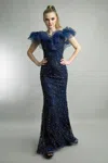 Basix Black Label Ruffle Top Beaded Evening Gown In Blue