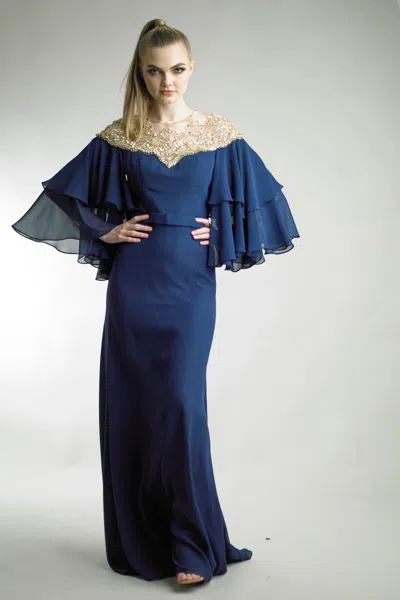 Basix Black Label Ruffle V Neck Embellished Gown In Blue
