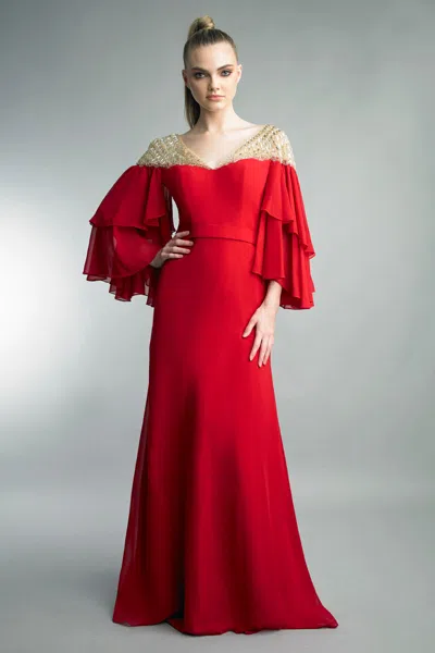 Basix Black Label Ruffle V Neck Embellished Gown In Red