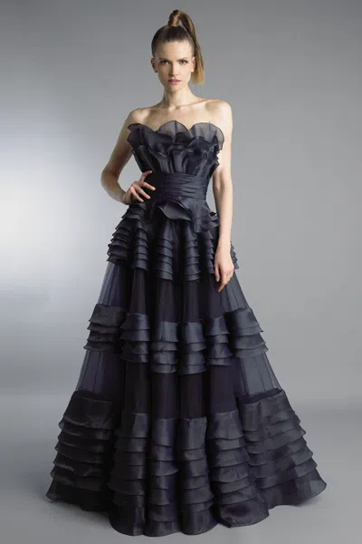 Basix Black Label Sculpted Ruffle Strapless Ballgown In Blue