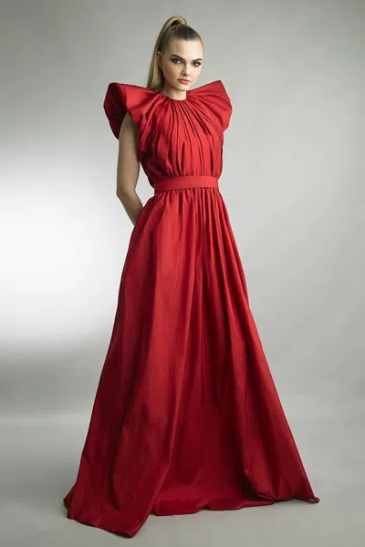 Basix Black Label Sculpted Shoulder Pleated Gown In Red