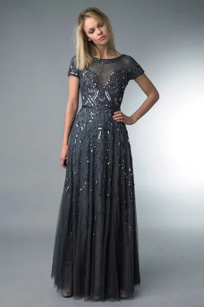 Basix Black Label Sequin Beaded Dress With Crystal Over Lace In Gray