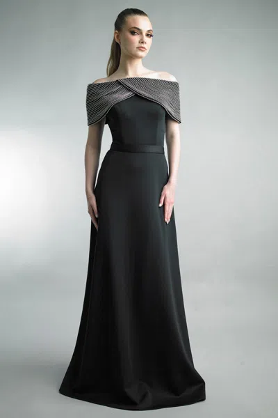 Basix Black Label Sequin Capelet Off-shoulder Evening Gown In Black