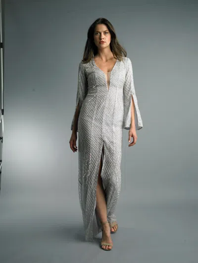 Basix Black Label Sequin Cape-sleeve Gown In Gray