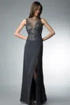 Basix Black Label Sequin Evening Gown With Side Slit In Gray