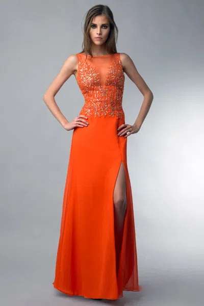 Basix Black Label Sequin Evening Gown With Side Slit In Orange