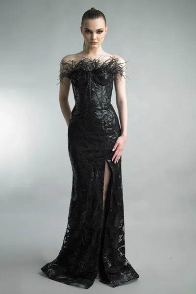 Basix Black Label Sequin Feather Off-shoulder Sheath Gown In Black