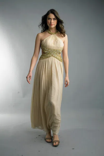 Basix Black Label Sequin Halter Gown With Gold Waist Band In Green