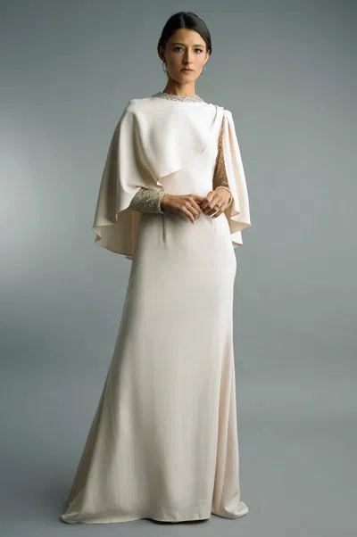 Basix Black Label Sequin Long Sleeve Caped Gown In Neutral