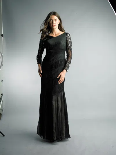 Basix Black Label Sequin Sleeve Pleated Evening Gown In Black