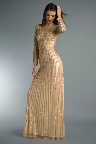 Basix Black Label Sequin V-neck Gown In Gold